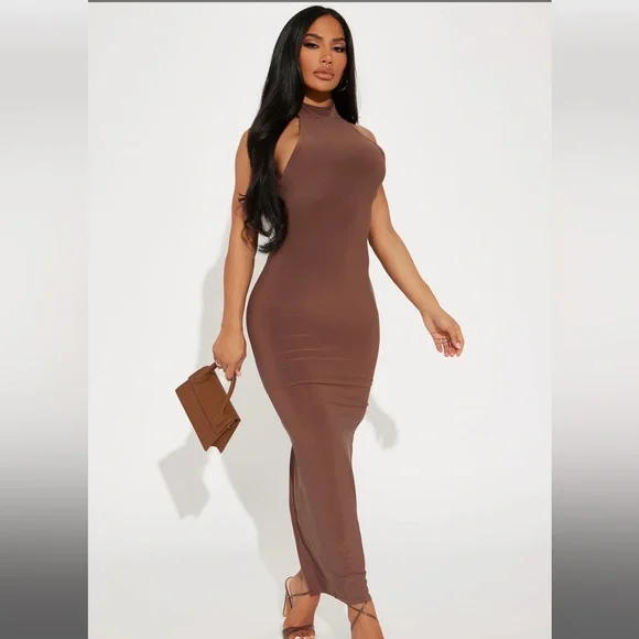 sachin and babi light blue dress @FashionNova ad, Hayley Backless Long Sleeve Maxi Dress